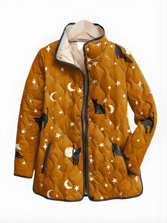 Lia™ | Black Quilted Jacket with Cat Pattern