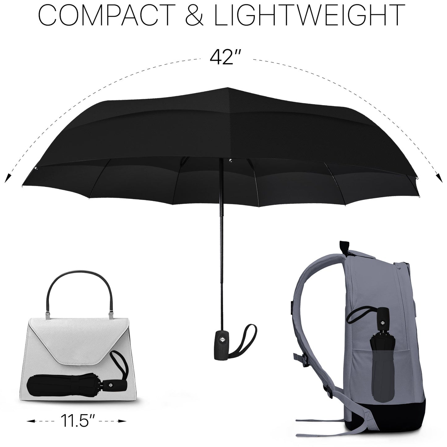 StormGuard™ Windproof Travel Umbrella- Compact, Automatic, Black